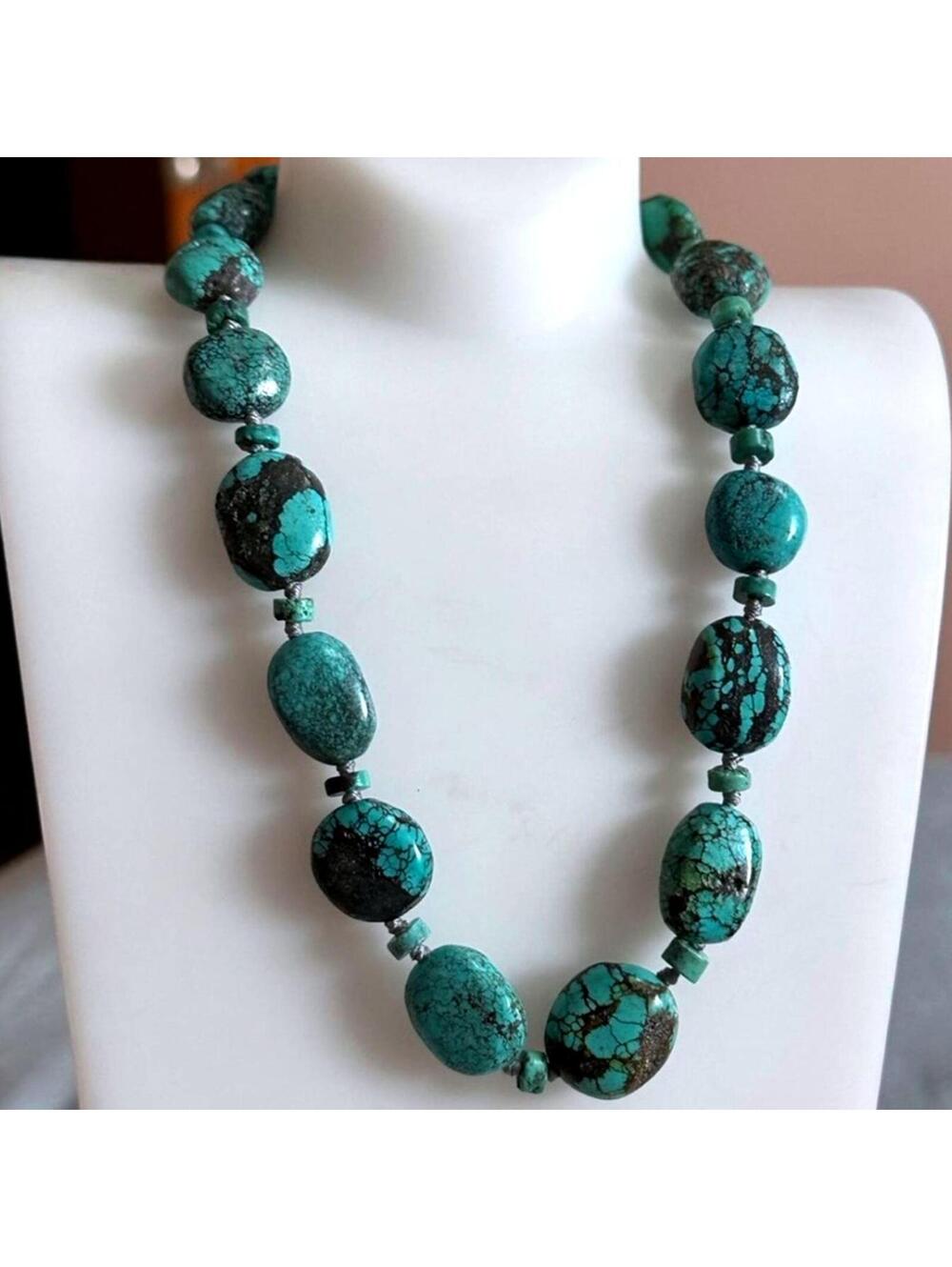 Vintage Chunky Polished Oval & Rhondell Spiderweb Turquoise Beaded Necklace 925